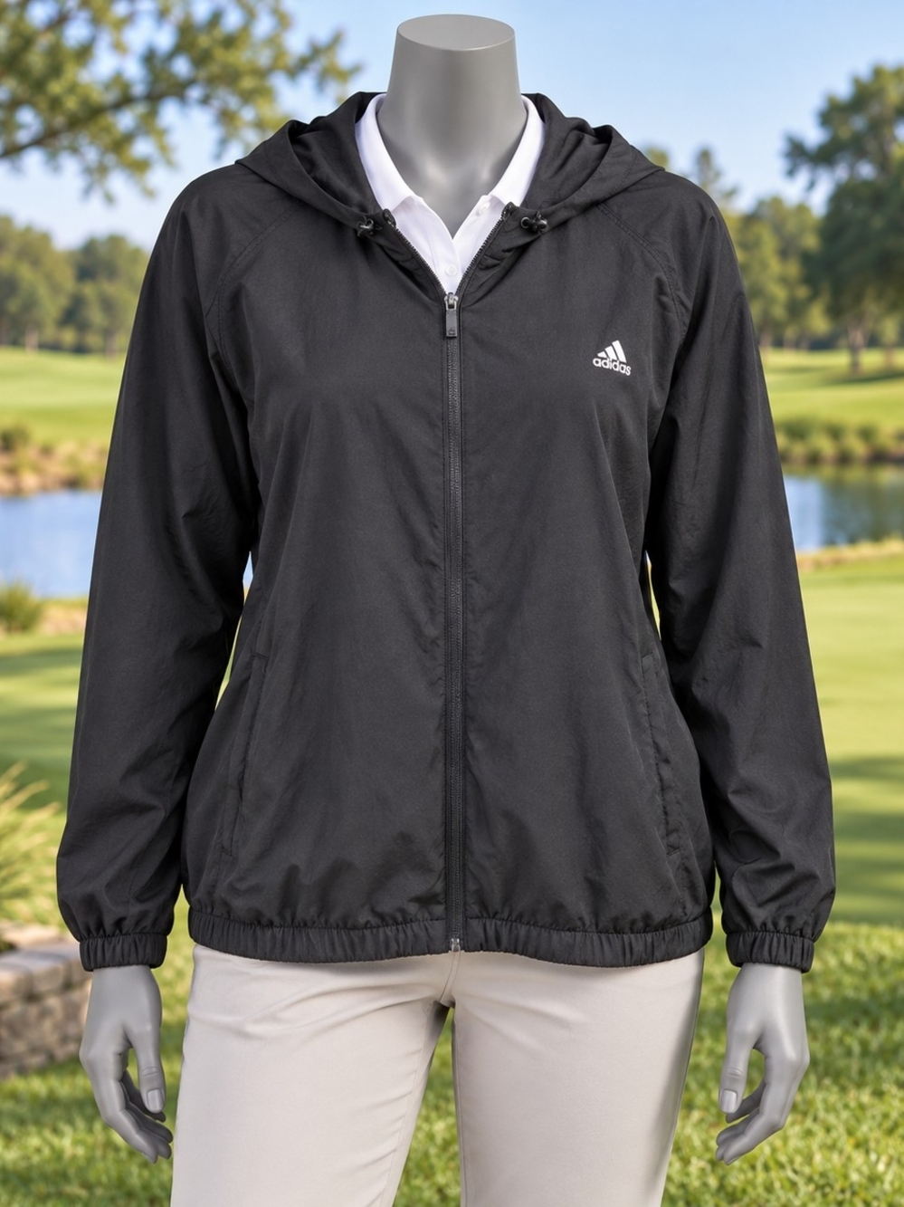 Adidas Golf Women’s XL Black Hooded Full-Zip Lightweight Windbreaker Jacket